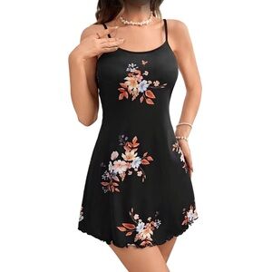 Sexy Black Floral Mini Slip Dress Nightwear - Sz L